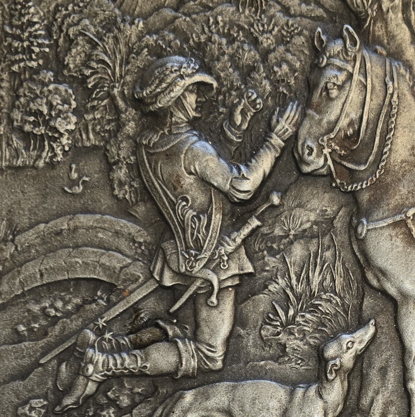 Vintage SHW Cast Iron St Eustace Wall Plaque Relief Hunting Scene 9.5 X 12.5 5