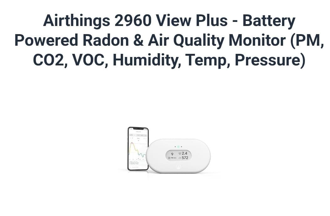 Airthings 2960 View Plus - Battery Powered Radon & Air Quality Monitor (PM, CO2, 6