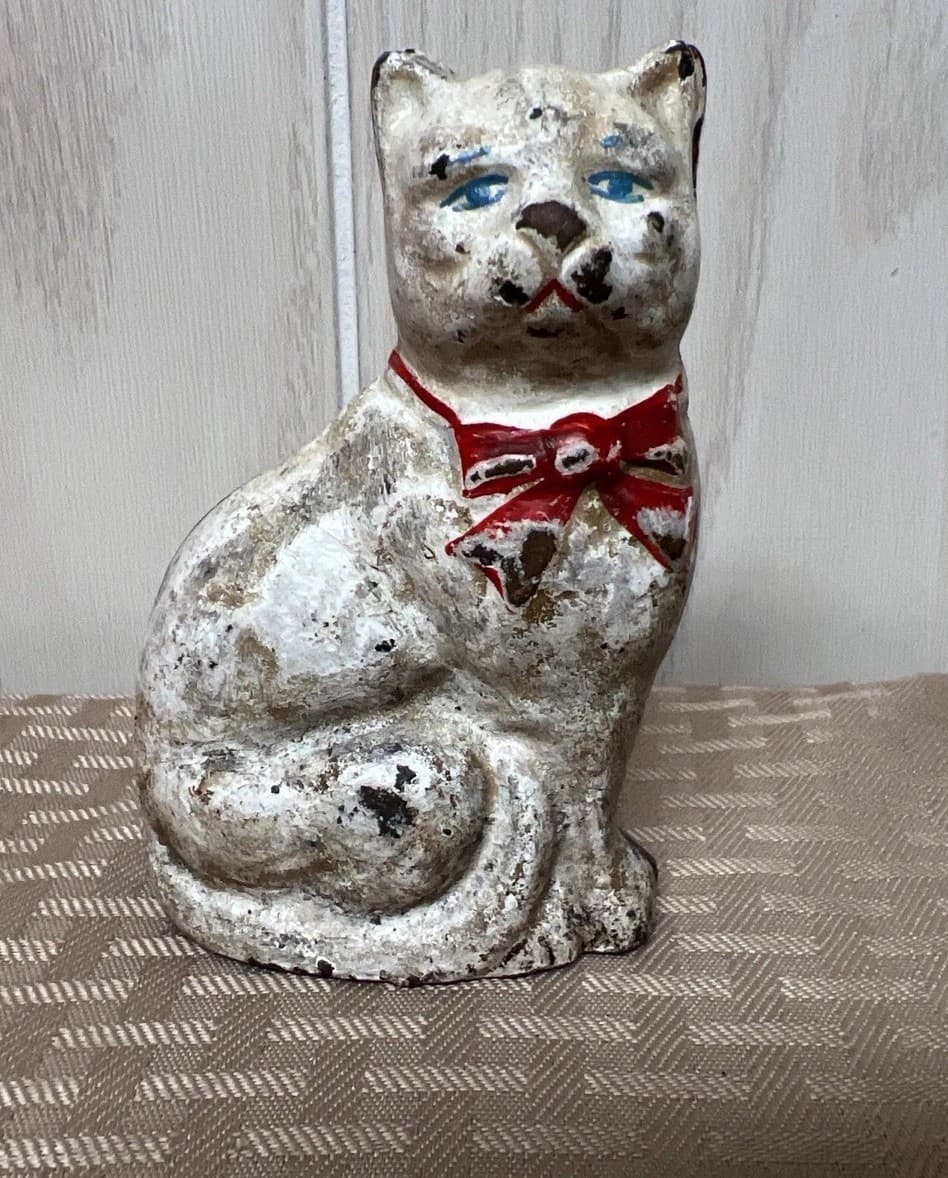 Antique Hubley? Cast Iron White Cat Red Bow Glass Eyes Coin Bank Kitty Worn 2