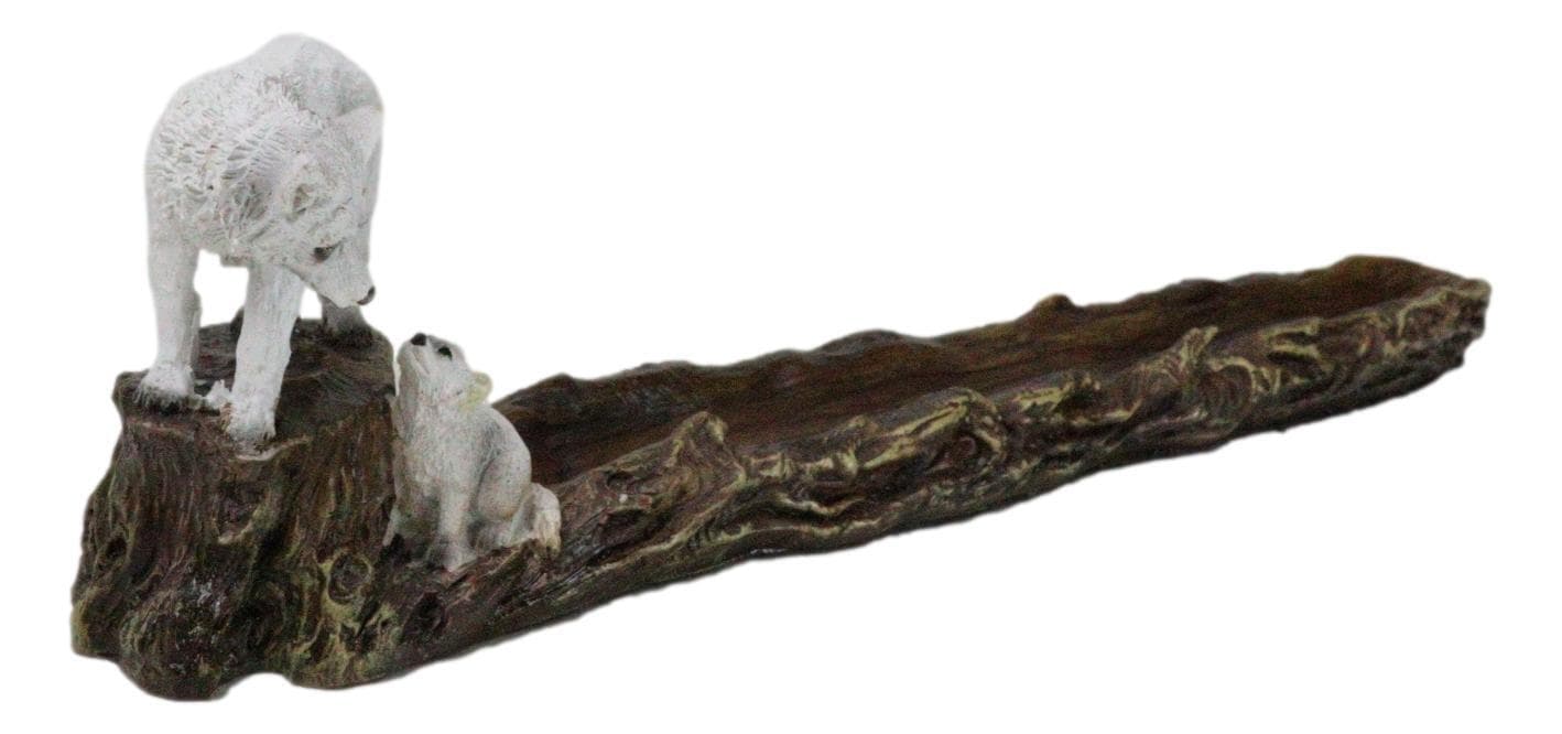 Moonlight Snow White Wolf Mother With Pup In Forest Incense Burner Figurine 2
