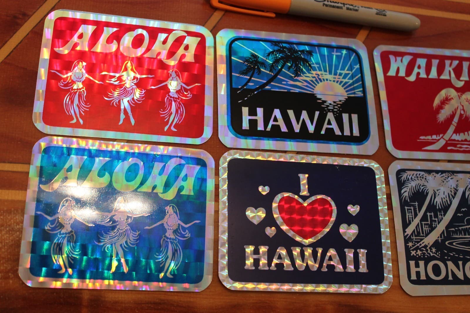 HAWAII HANG LOOSE ALOHA - NOS 80's Surfing Tiki 3x4in. Prism - STICKER LOT OF 8 2