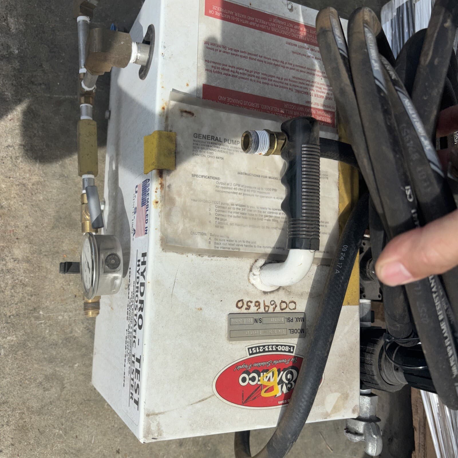 GENERAL PUMP HYDRO TEST HYDROSTATIC TESTER AR1.5-1000 PNEUMATIC 1000 PSI 6