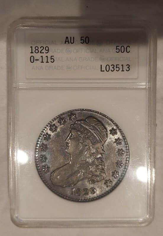 1829 50C Capped Bust Silver Half Dollar AU-50 Old ANA Holder Gun Metal Toning PQ