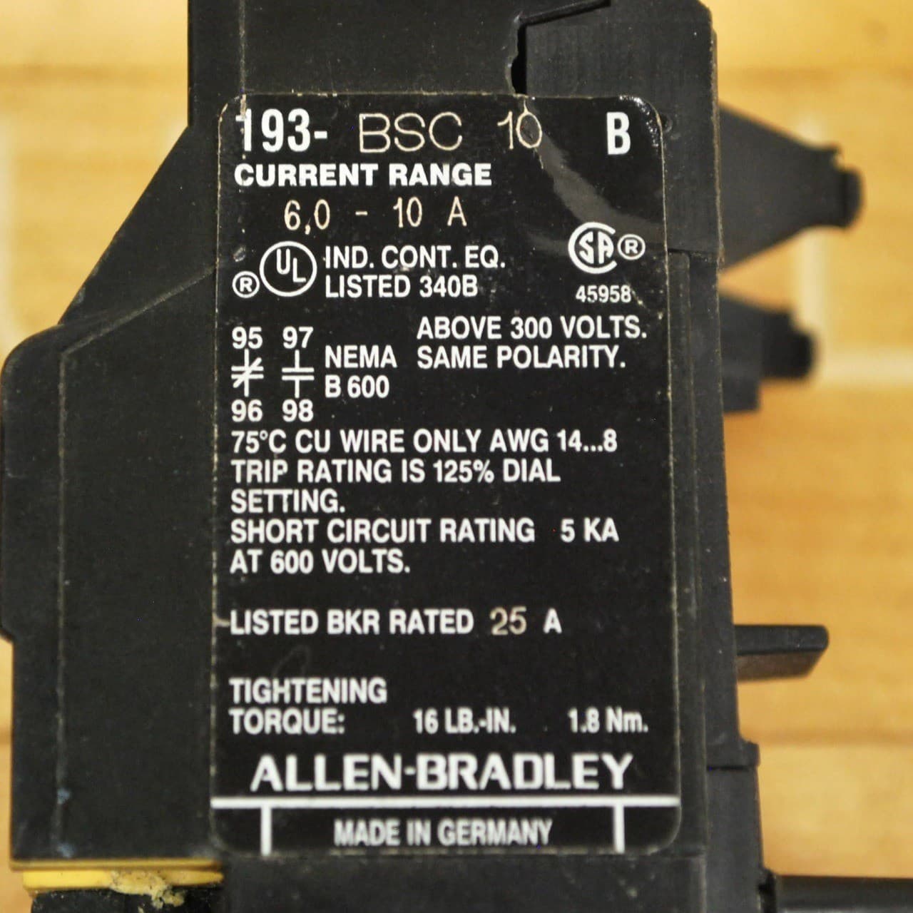 Allen Bradley 193-BSC 10 Series B Overload Relay, 6.0 -10 Amp 3 Pole - USED 2