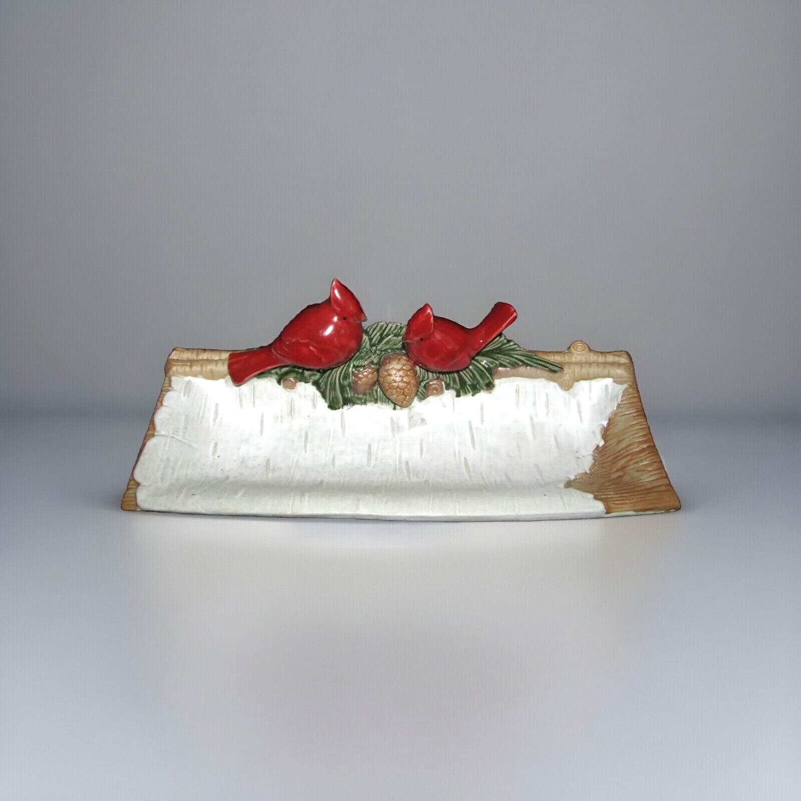 Handmade 3D Cardinals & Pinecones on Snow Covered 13" Signed Rectangular Tray