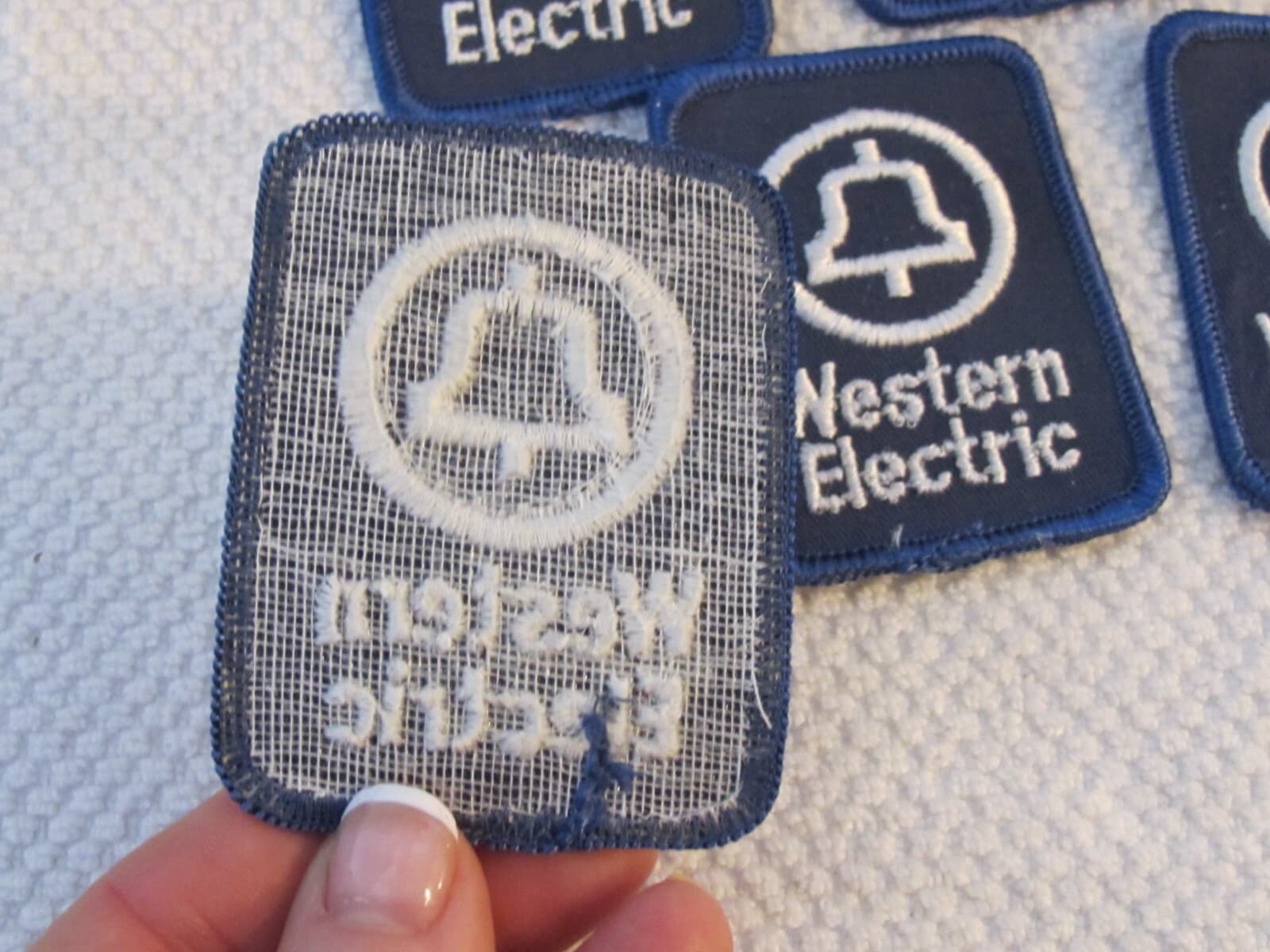 Vintage WESTERN ELECTRIC Telephone EMBROIDERED BLUE White BELL Patch 3" long (5) 2