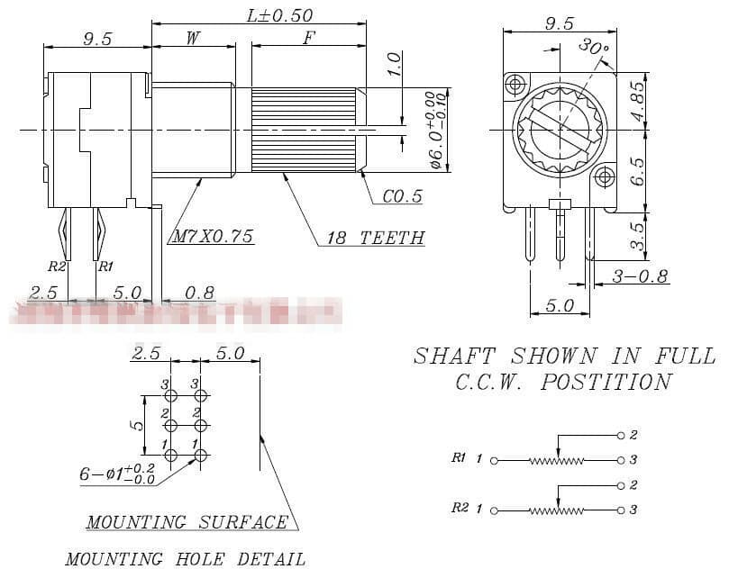 10pcs B1K~B500K RK097G Audio Amplifier Sealed Dual Potentiometer 15mm Shaft 6pin 2