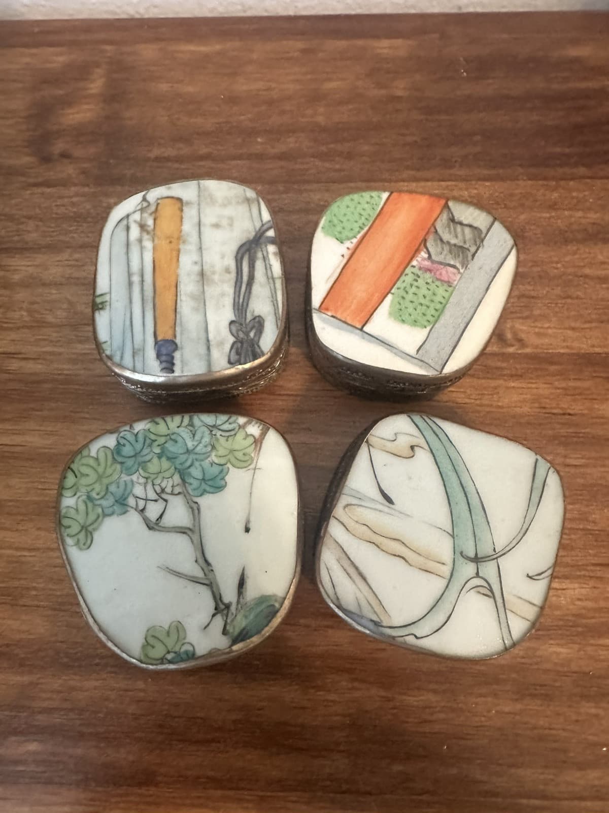 Antique Chinese Porcelain Pottery Shard Trinket Boxes, Silver Repousse- Set of 4 5