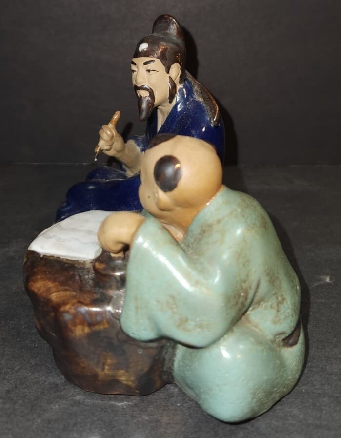 Shiwan Mudman Chinese Figurine Teaching With Boy 4" Statue Table Shelf Decor 6