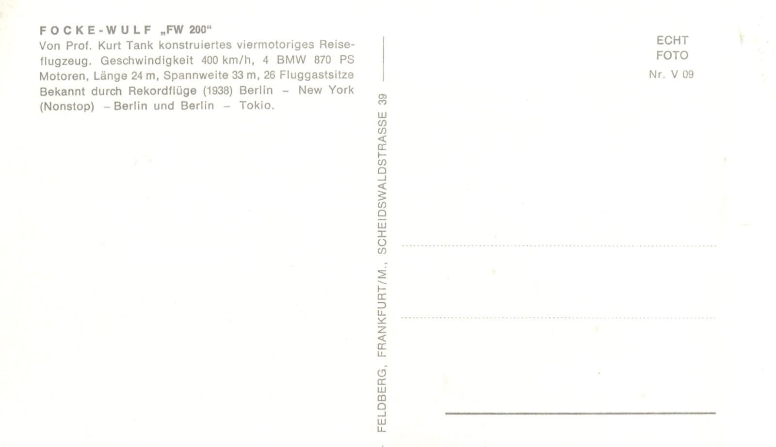 Lufthansa Airlines - Focke-Wulf FW200 - Postcard - Unused 2