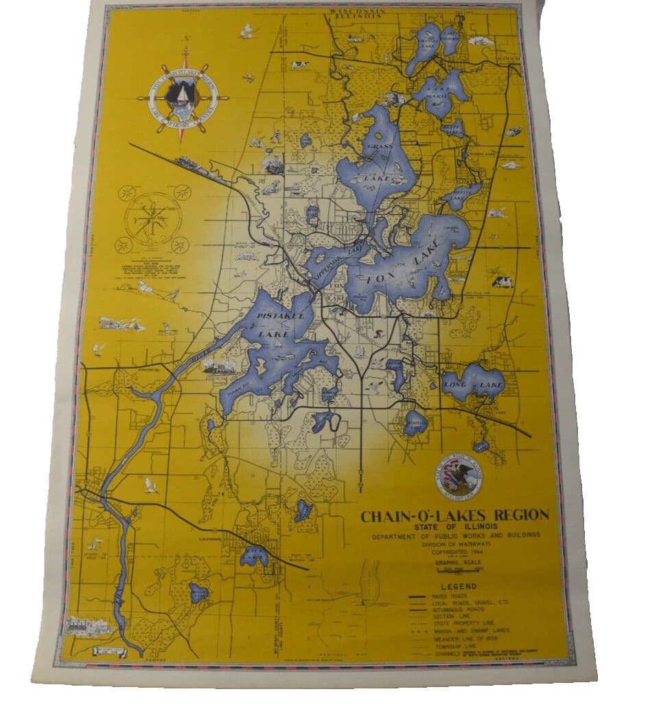 1964 Fox Chain O' Lakes Region Lake & McHenry Counties Map
