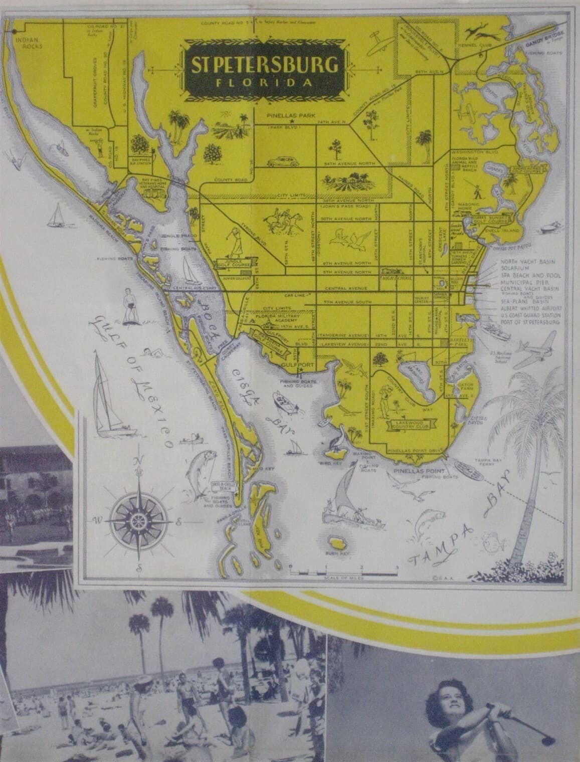 1949 Colorful ST. PETERSBURG Map Brochure Florida Reptile Ranch Airports Ferry 3