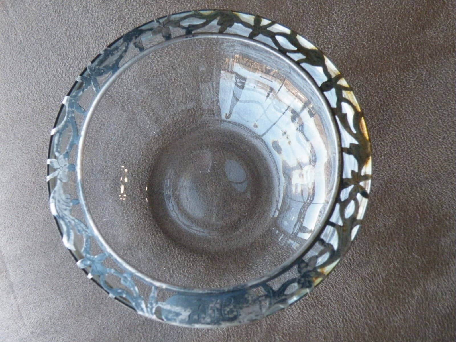 Vintage International ? Silver Sterling Silver Rim Cut Detail Glass Bowl FREESHI 6