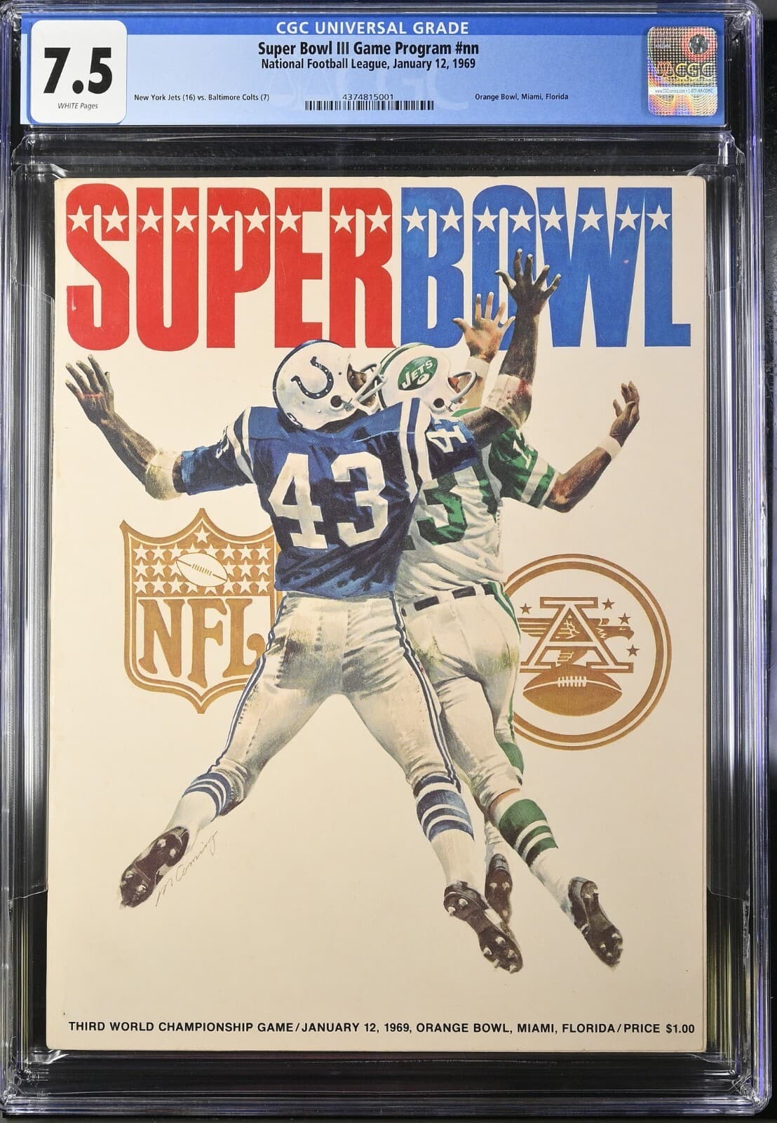SUPER BOWL III GAME PROGRAM: NEW YORK JETS vs BALTIMORE COLTS CGC 7.5 VF- Pop 4