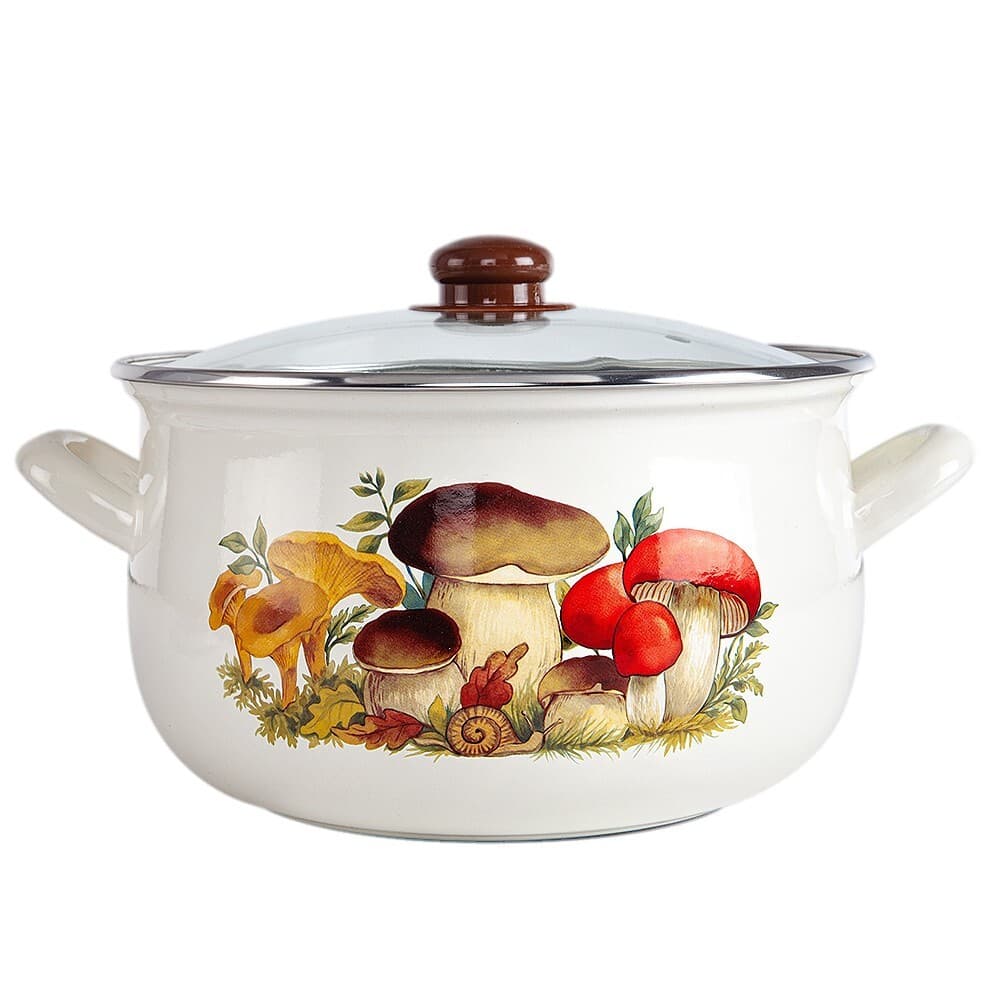 MUSHROOMS Enamelware Stockpot with Glass Lid, Enameled Cooking Pot 2.2 qt