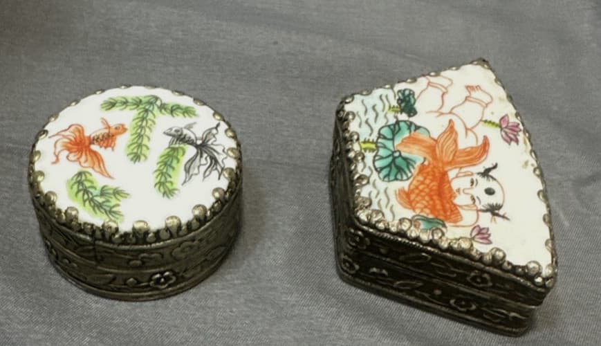 Vintage Cloisonne Enamel Silver Porcelain Chinese Mirror Trinket Boxes lot of 2 6