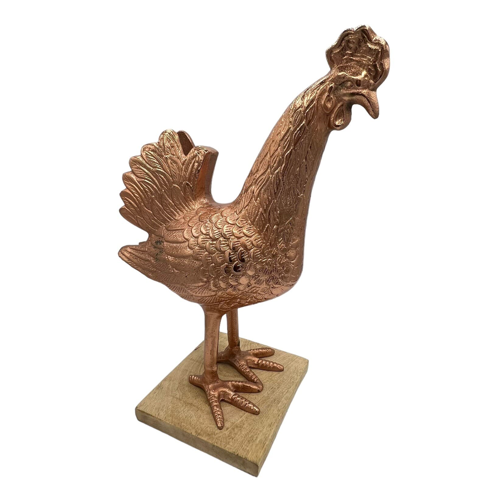 Large Rooster Chicken Bird Copper Cast Metal 15" Tall on Wood Platform Figure 4