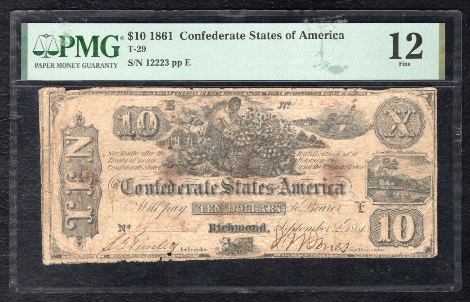 T-29 1861 $10 CSA CONFEDERATE STATES OF AMERICA CURRENCY NOT PMG FINE-12