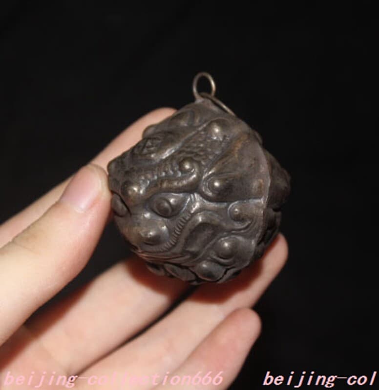 China bronze ward off evil spirits Fu Foo Dog Lion beast head Evil spirits Bells 3