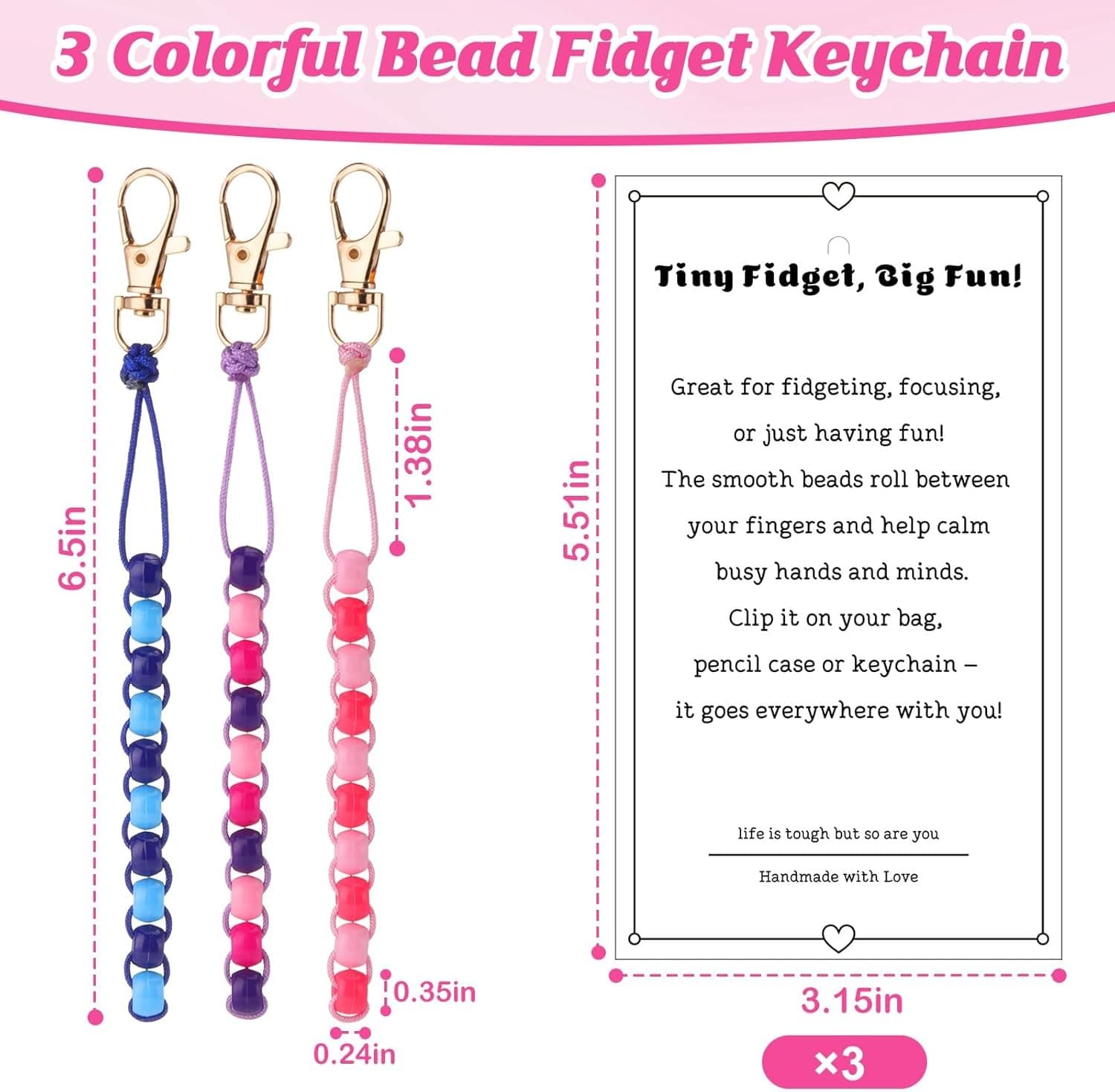 3 Pcs Colorful Beaded Fidget Keychain for Anxiety Stress Relief Plastic...  2