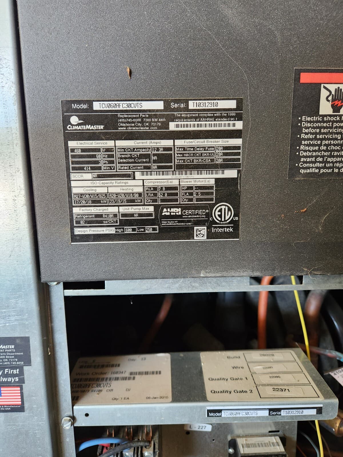 ClimateMaster TCV060AFC30CVTS Tranquility 16 Water Source Heat Pump 460V - 3PH 3