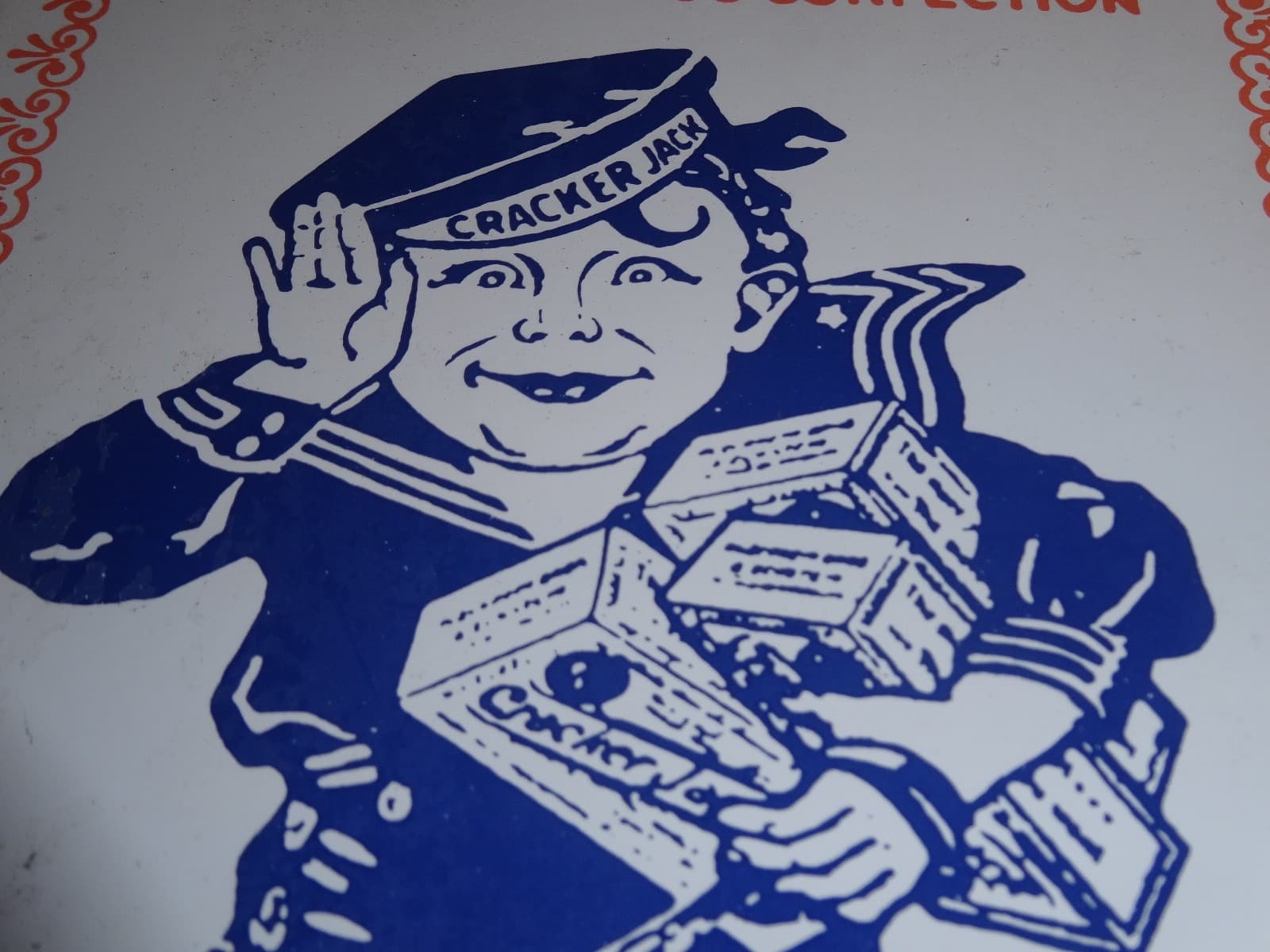 VINTAGE CRACKER JACK CANDY SAILOR & DOG  🐶  12" PORCELAIN METAL CONFECTION SIGN