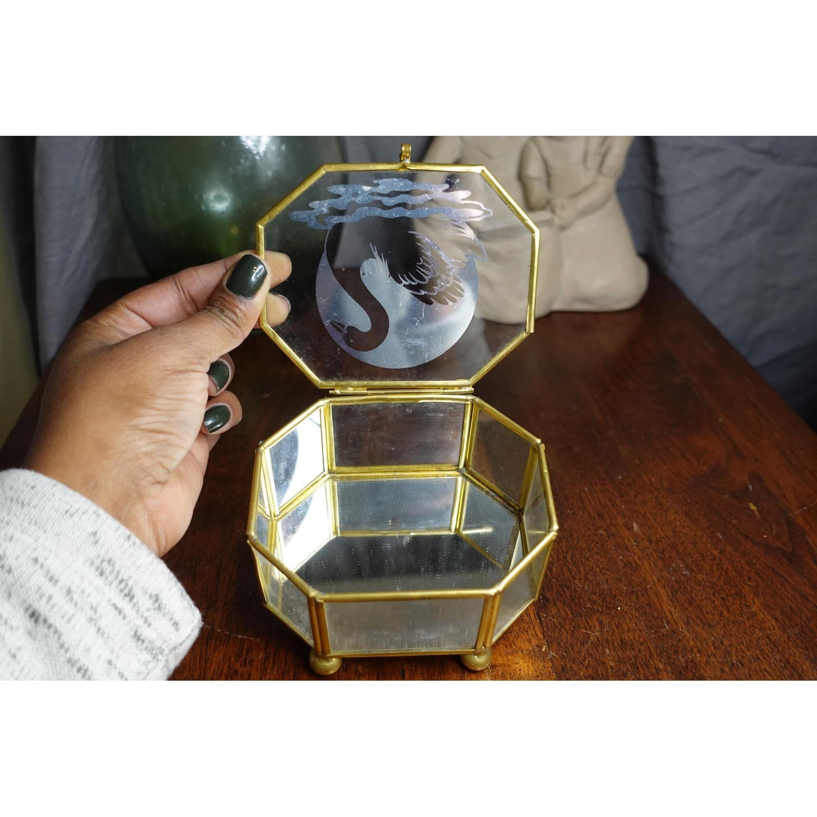 glass gold trim and hinged lid footed octagon jewelry box with mirrored base 3