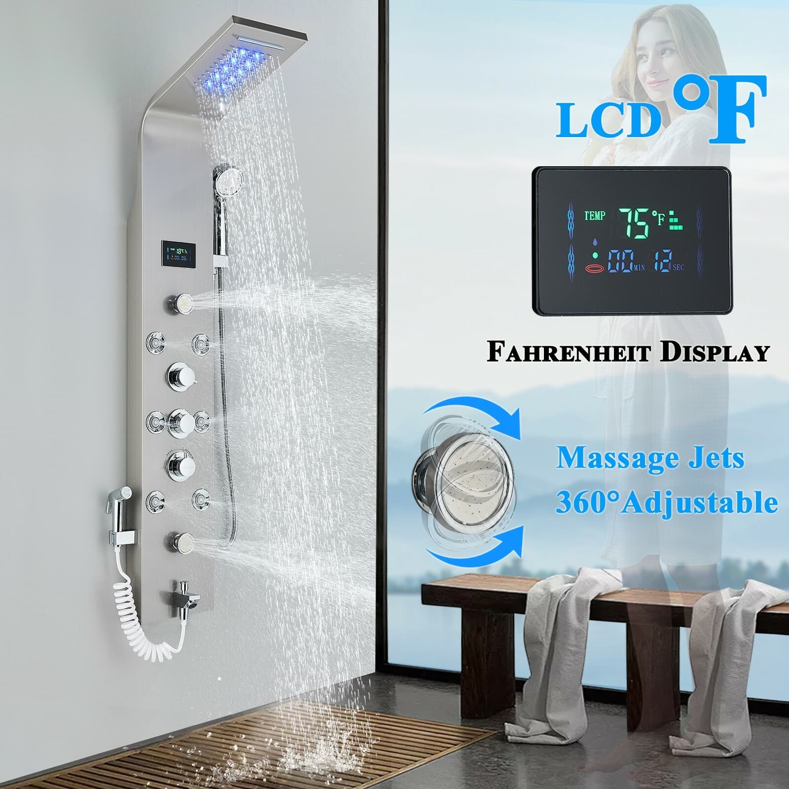 Stainless Steel Shower Panel Tower System LED Rain&Waterfall Massage Jet Sprayer
