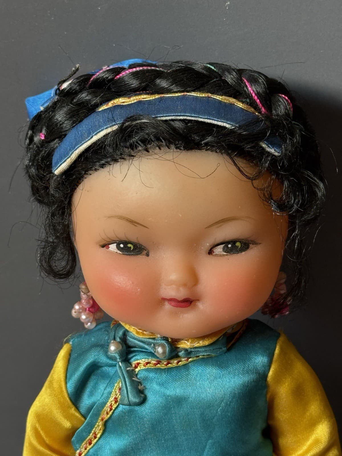 Vintage Chinese Folk Doll Rubber Face & Hands 8" Kimono 2