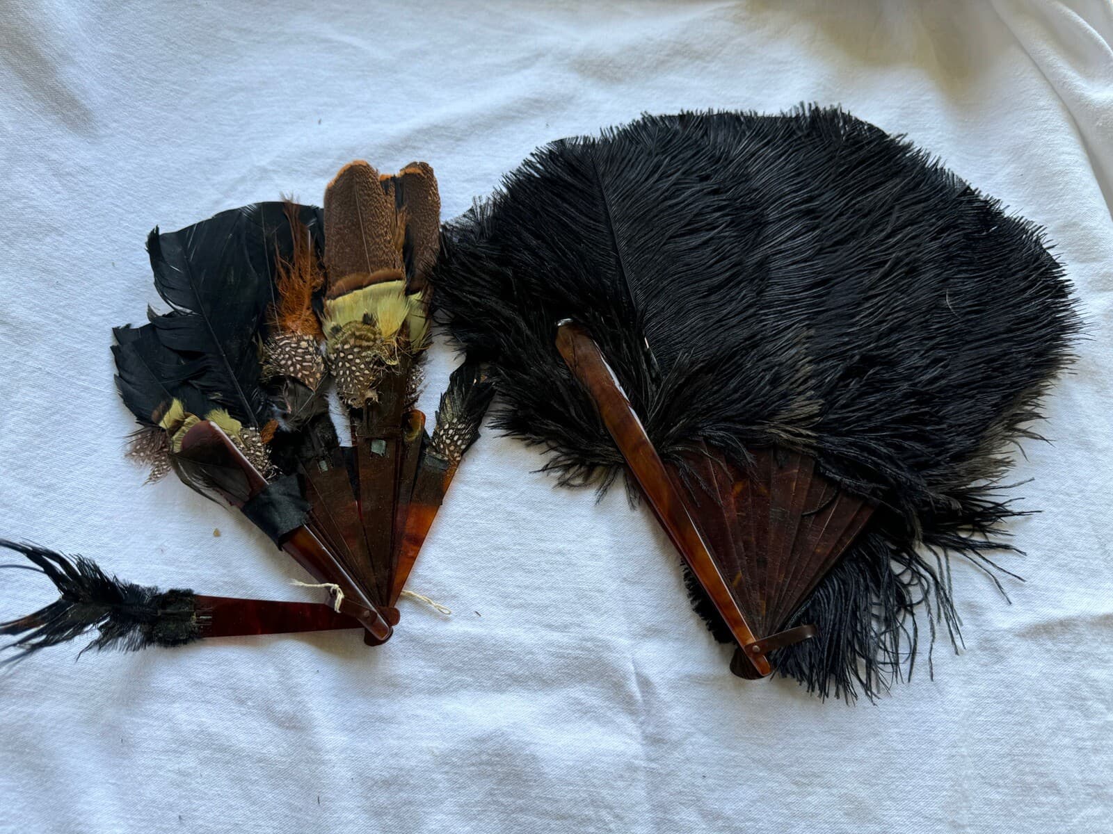 Edwardian Antique Ostrich Feather Mourning Hand Fan with Faux Tortoiseshell