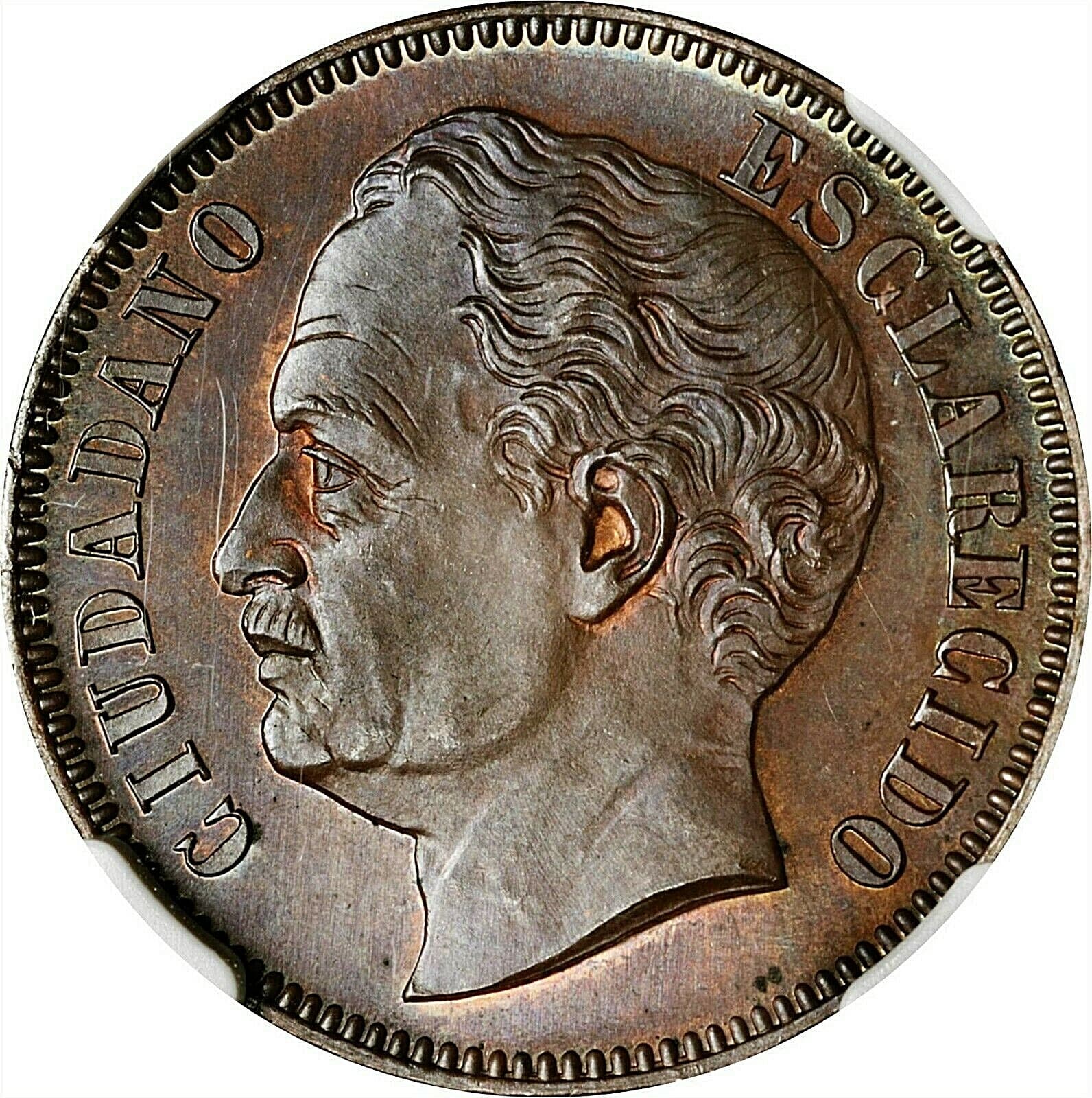 1863-E VENEZUELA REPUBLIC COPPER ESSAI CENTAVO (PATTERN) NGC GEM SPECIMEN-65 BWN
