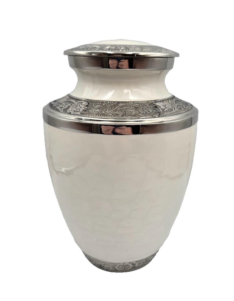 Large Adult Cremation Urn for Human Ashes, Aluminum, 11"X7", White Reflections