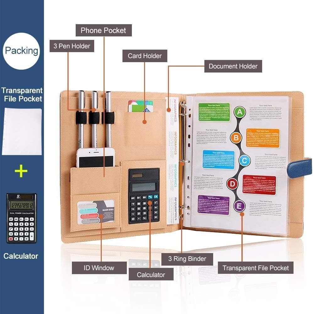 A4 Leather Padfolio with 3 Ring Portfolio Binder w/Clipboard Padfolio for Office 3