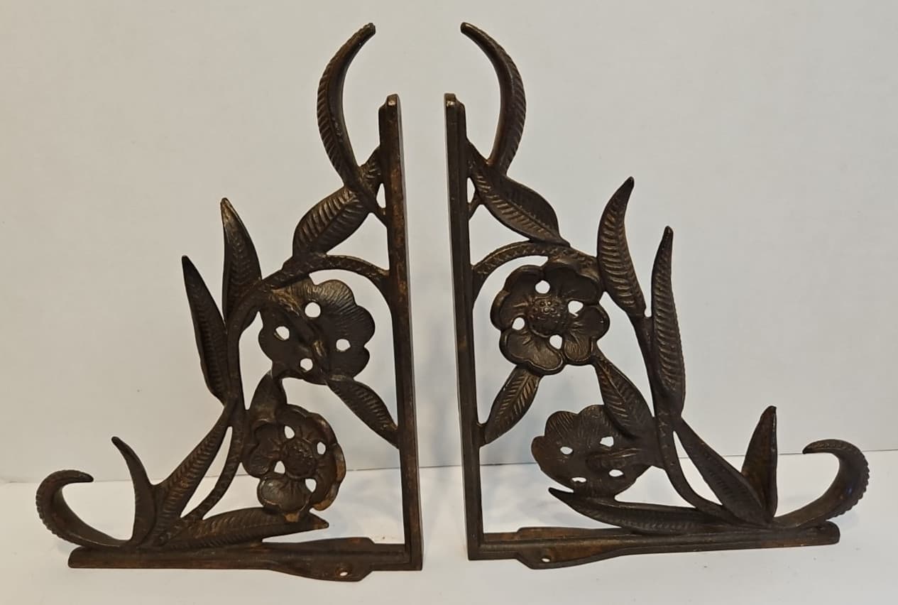 Vintage Cast Iron Flower/Garden Bracket Hooks/Brown - Pair  7"x1.75"x9" each