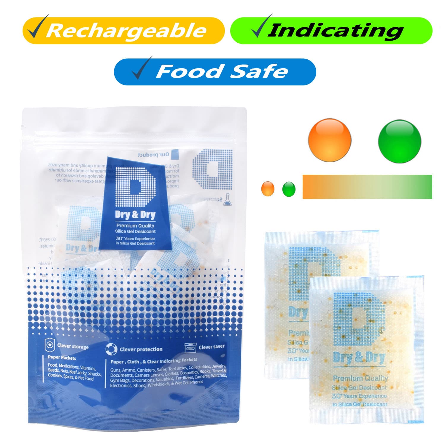 20 gram X 30 PK "Dry & Dry" Food Grade Orange Indicating Silica Gel Packets