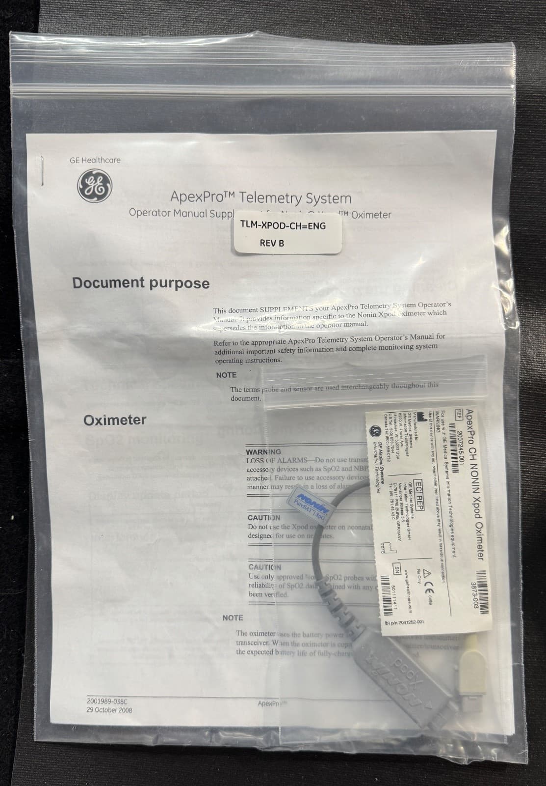 ApexPro CH Nonin Xpod Oximeter Ref# 2007245-001 GE CH Telemetry SPO2 Cable NEW 4