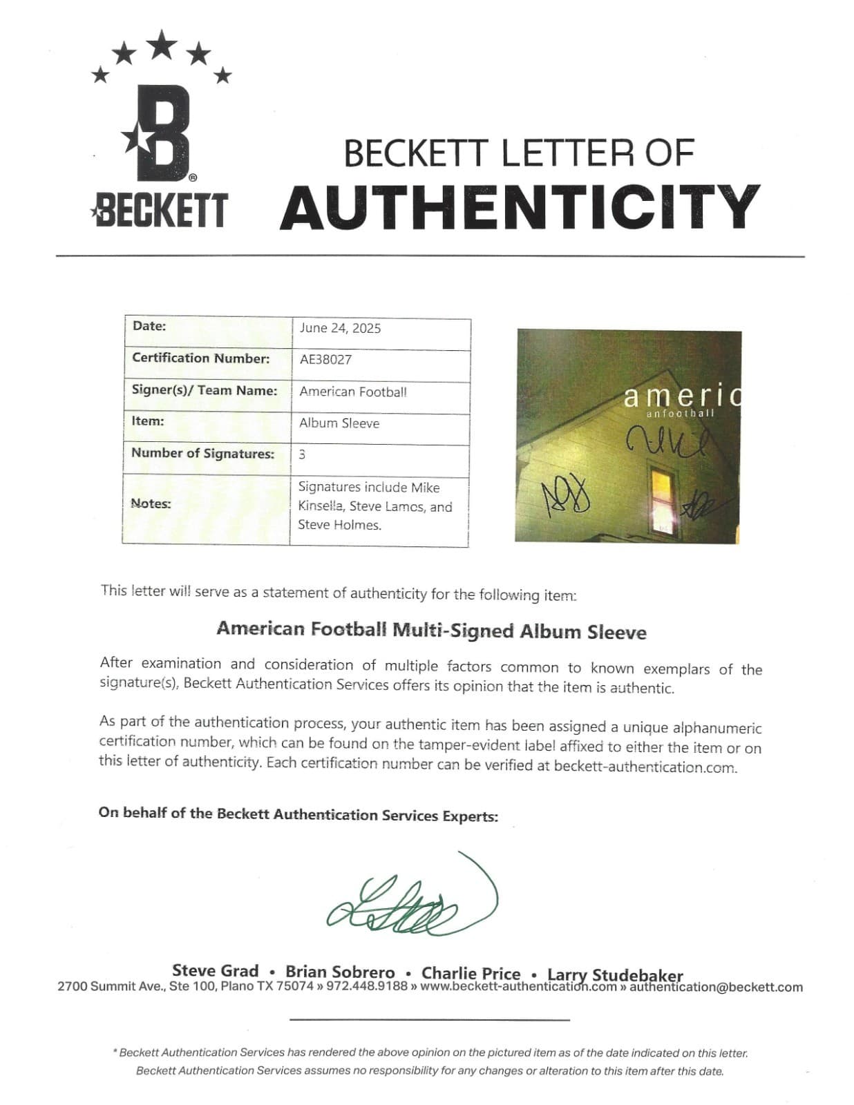AMERICAN FOOTBALL SIGNED 1999 VINYL RECORD ALBUM LP BECKETT COA MIKE KINSELLA X3 6