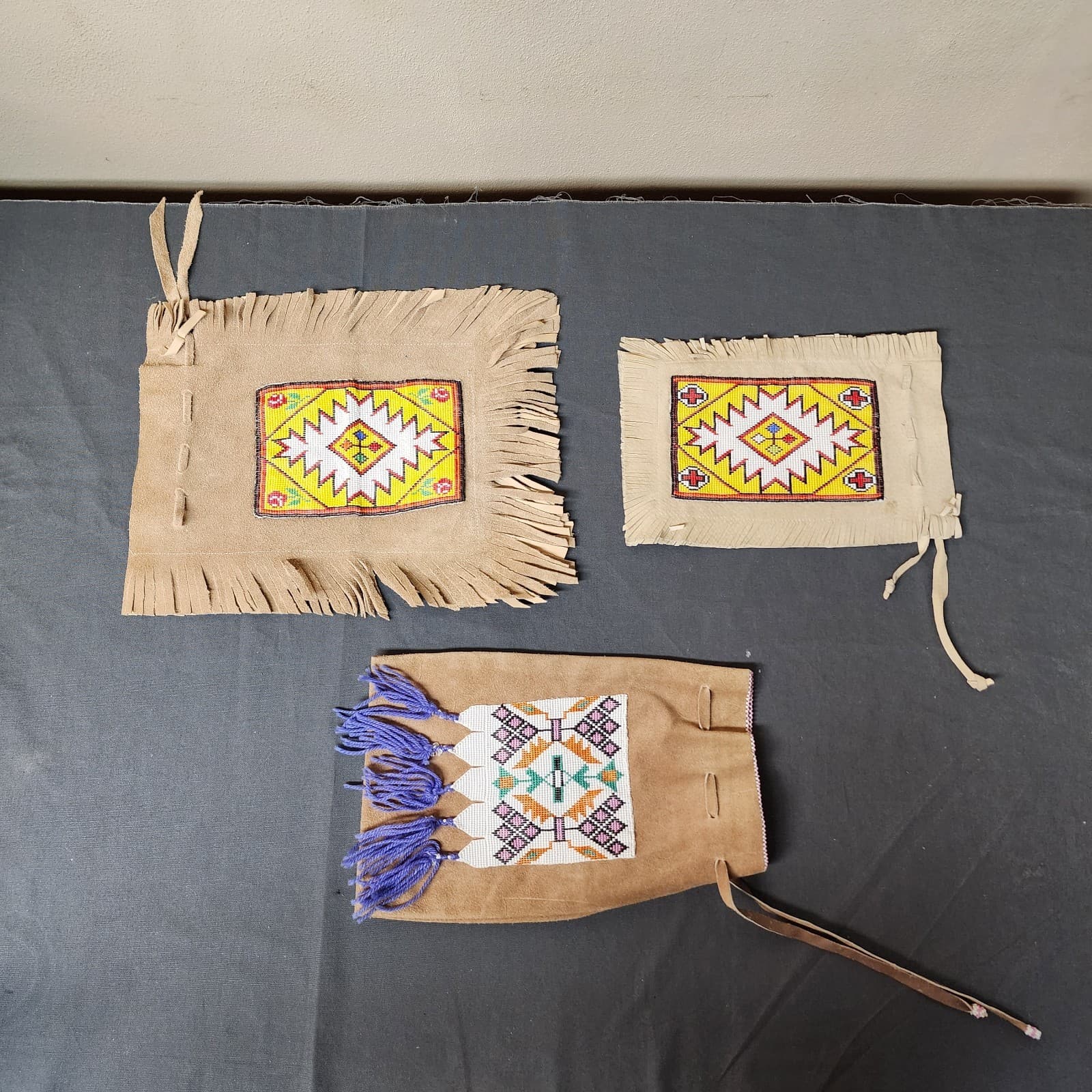 3 Native American Leather Beaded Bags / Pouches Handmade by Oneida Member