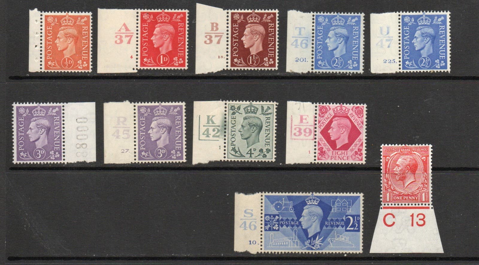 Great Britain - Selection (11) MNH Plate Number Singles-G VI /  Lot 0725323