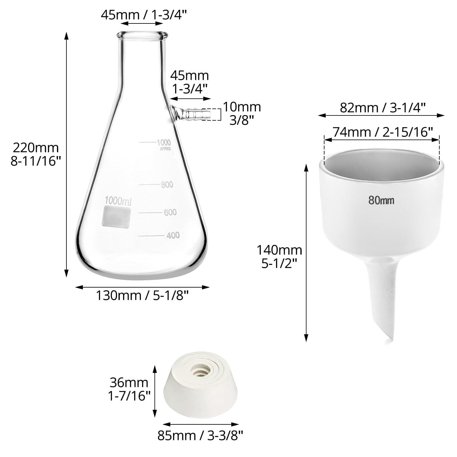 1000ML Buchner Funnel Kit Filter Flask Set, 1L Vacuum Flask 80Mm Funnel, Borosil 6