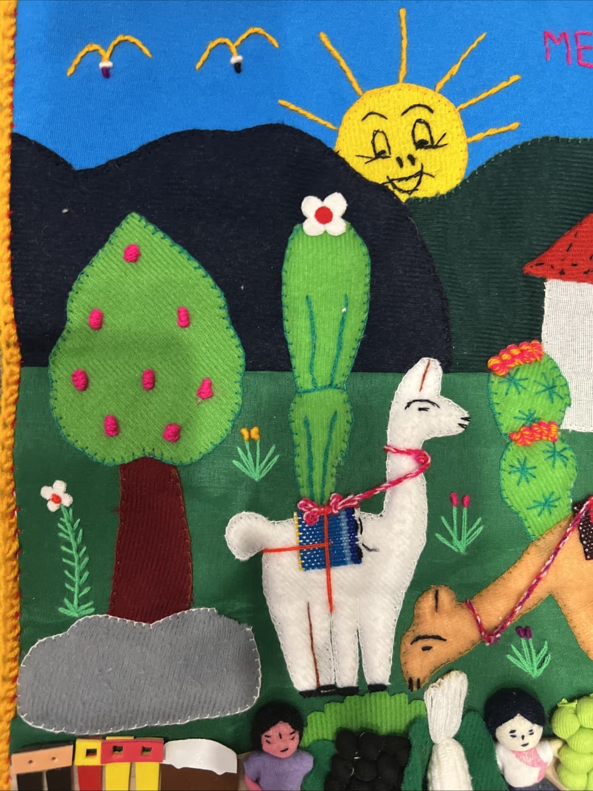 Handmade Peruvian Arpillera Folk Art 3D Applique Tapestry Wall Hanging 18x11 5