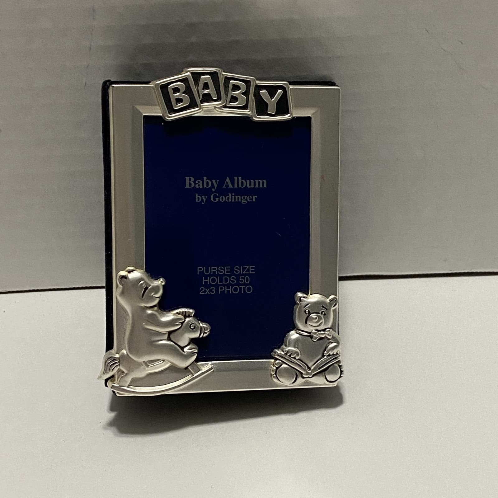 Godinger Baby Photo Album Bears Silver & Black Purse Size Holds 50 2x3 Pictures