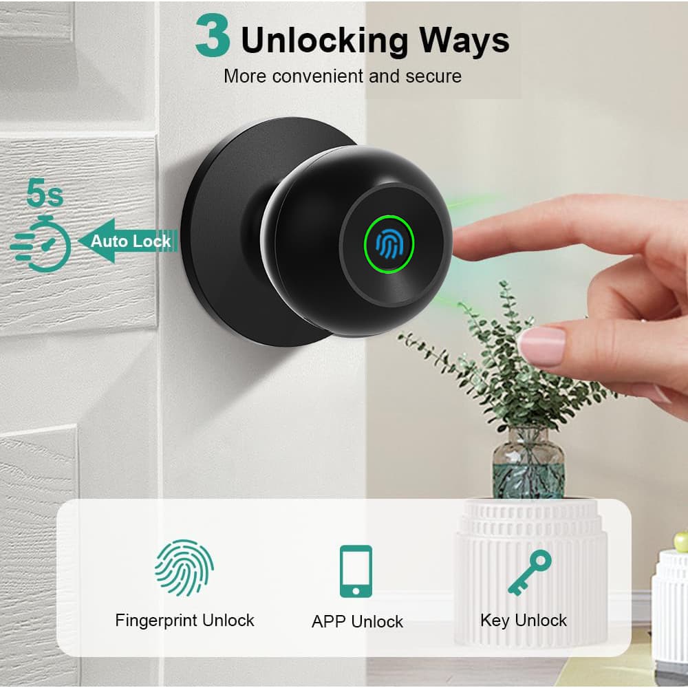 Smart Door Knob Fingerprint Door Lock Biometric Door Lock with Key & App Control 2