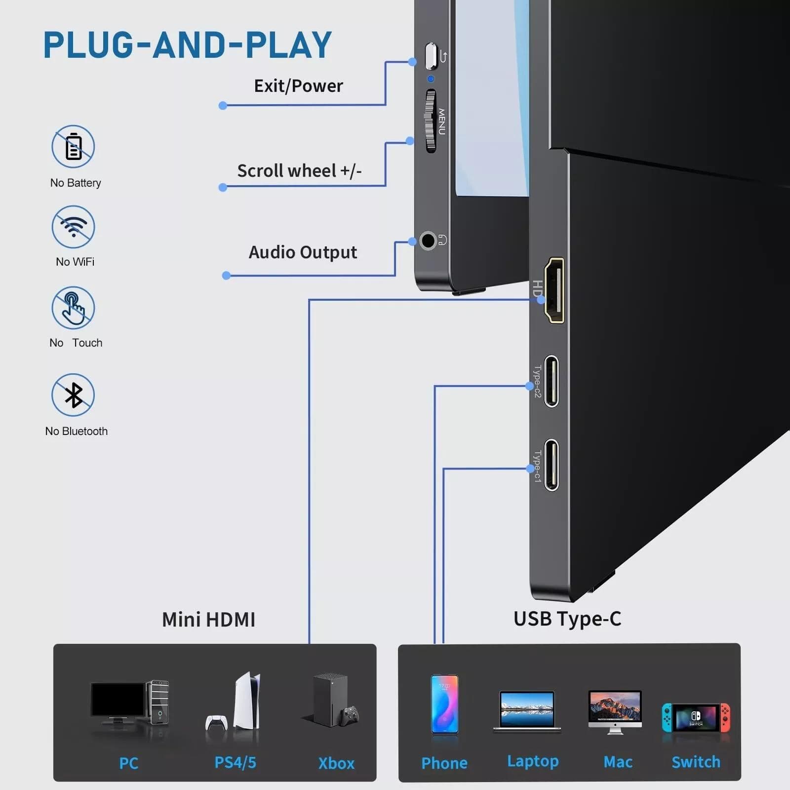 EVICIV 18.5" 100Hz Portable Monitor 400cd/m² Screen HDMI USB C 2000:1 Display US 2