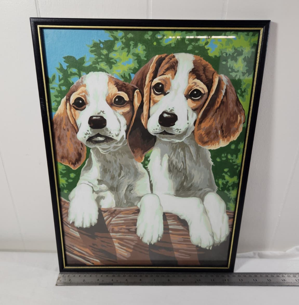 Vtg Framed 70s MCM Paint By Numbers Oil Painting Beagle Puppies  16.75” 3