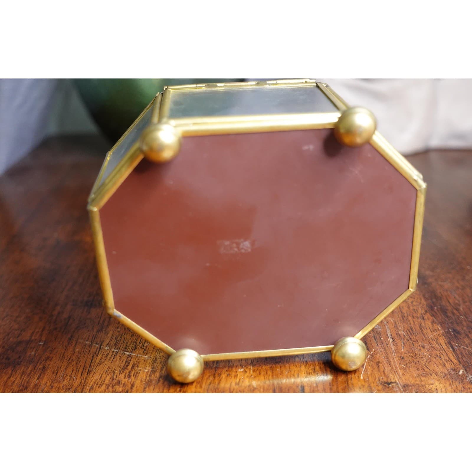 glass gold trim and hinged lid footed octagon jewelry box with mirrored base 4