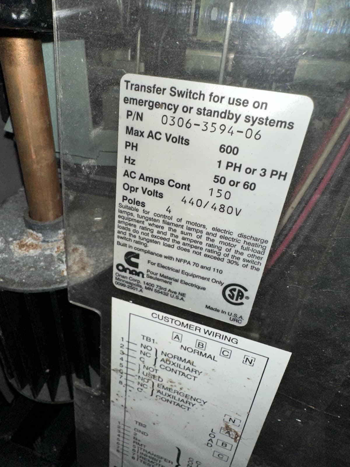 Onan,OT 400,Transfer Switch 480V 400Amp 60Hz 4 Pole 1 or 3 Phase 4