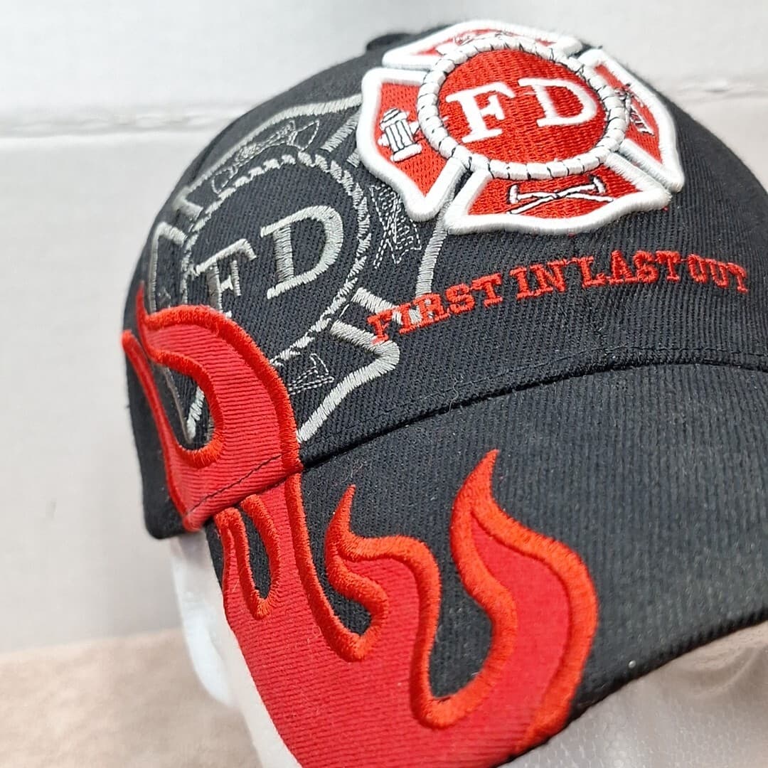 Vintage Fire Department Embroidered Black "First In Last Out" Flames Cap Hat 4