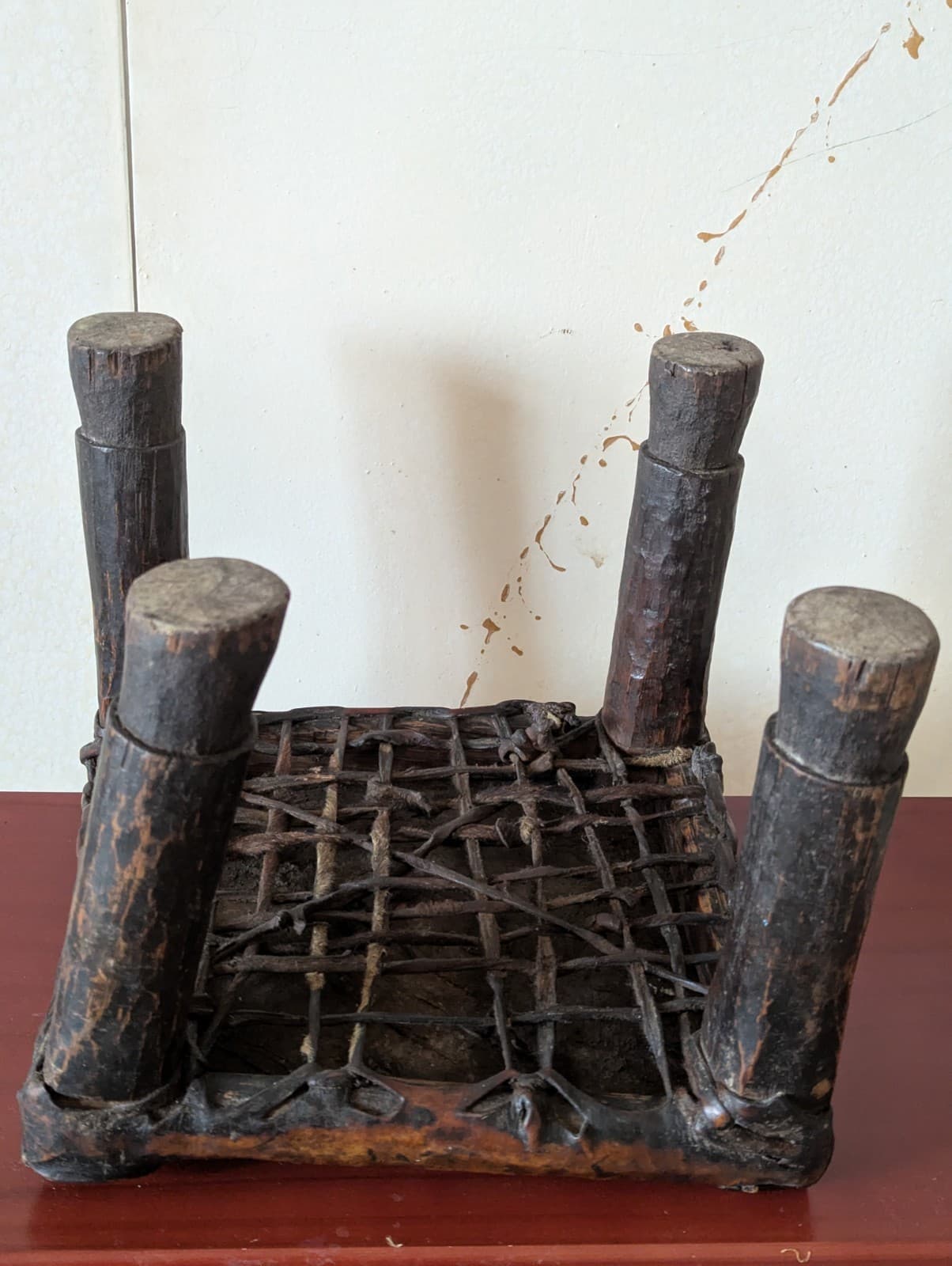 Antique Ethiopia Afar Tribe Leather Top Four Wood Legged Stool Beautiful Patina 5