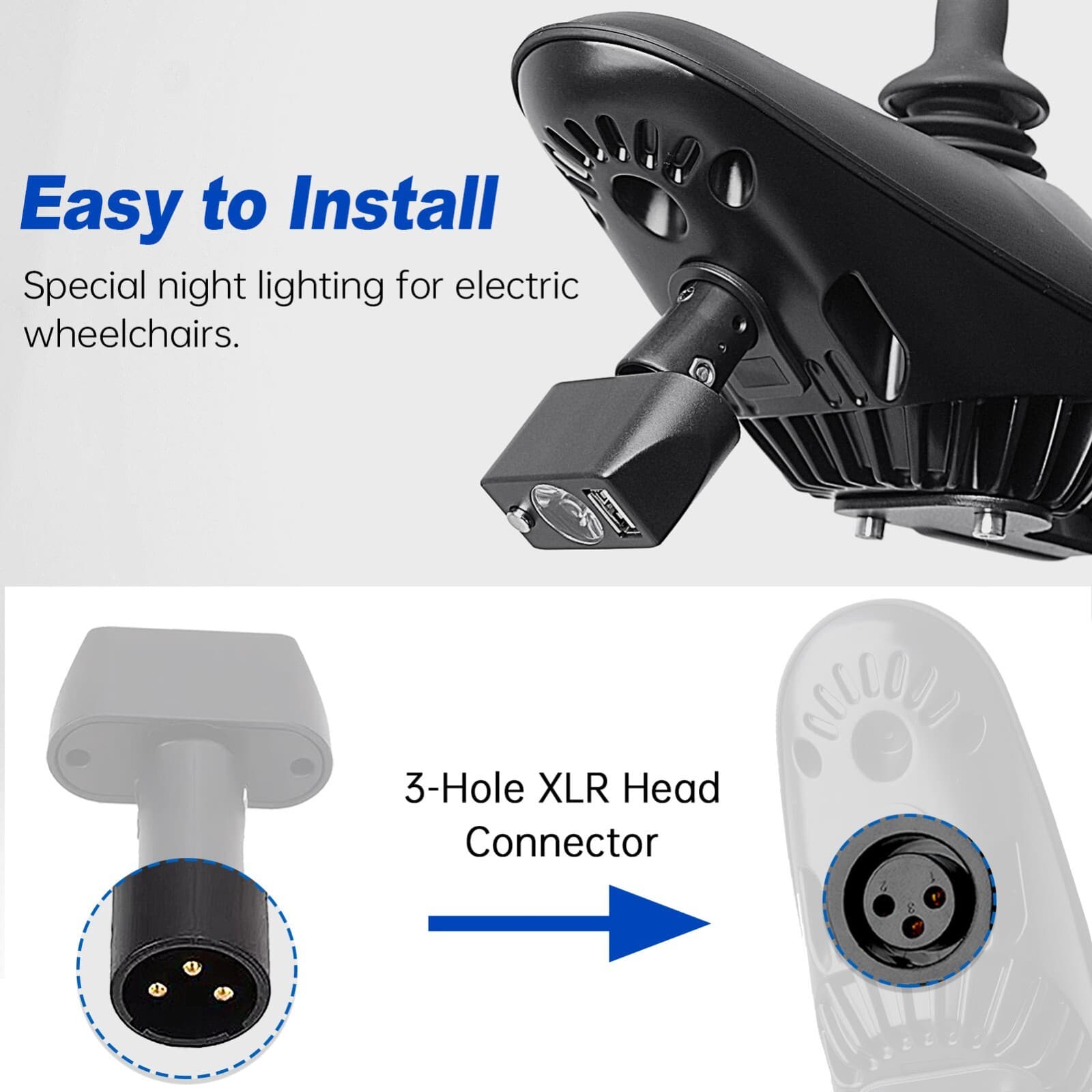 Electric Wheelchair Light 3 Pin XLR Head USB Charging Adjustable Angle LED Power 2